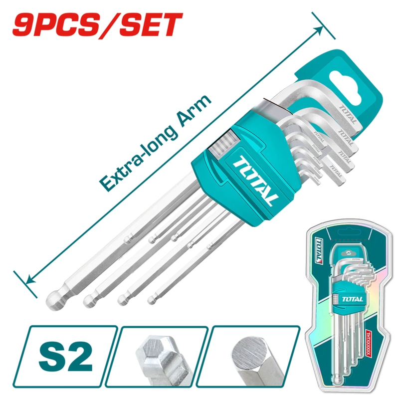 ✅ INECO 4200400004 – SET 9 CHIAVI ESAGONALI EXTRA LUNGHE CON TESTA SFERICA (Cr-V)