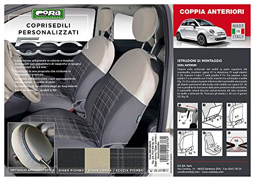 Cora CO.RA. SPA Coprisedili Anteriori personalizzati, Fiat 500 07>, Tess. Cotone Scozzese Grigio e Poliestere Grigio/Panna