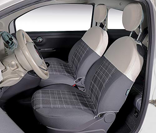Cora CO.RA. SPA Coprisedili Anteriori personalizzati, Fiat 500 07>, Tess. Cotone Scozzese Grigio e Poliestere Grigio/Panna